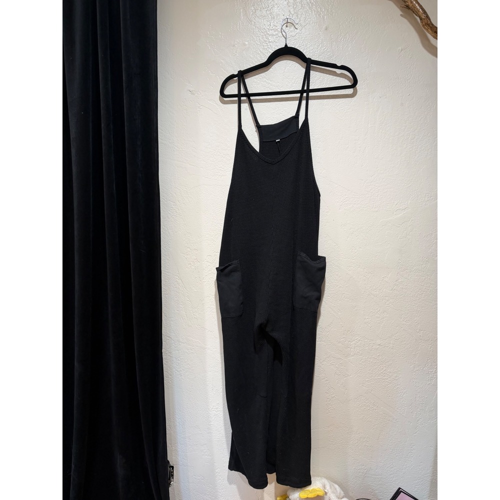 Womens Black Waffle Knit Sleeveless Jumpsuit Wide Leg Pockets Size L